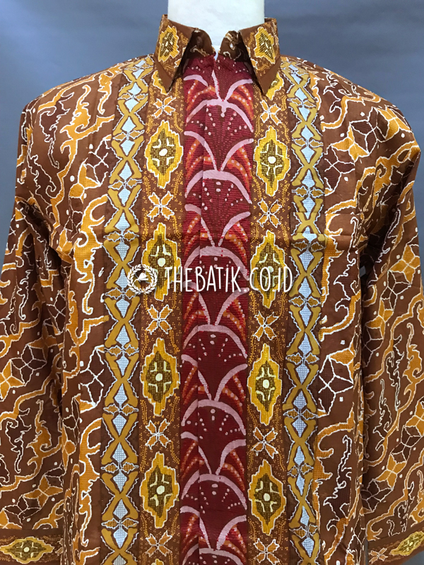 Ready to Wear Hand Painted Silk Batik Long Sleeve Men Parang Songket Yellow Maroon (size XXL)