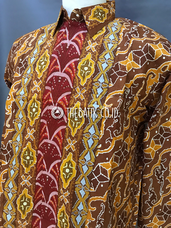 Ready to Wear Hand Painted Silk Batik Long Sleeve Men Parang Songket Yellow Maroon (size XXL)