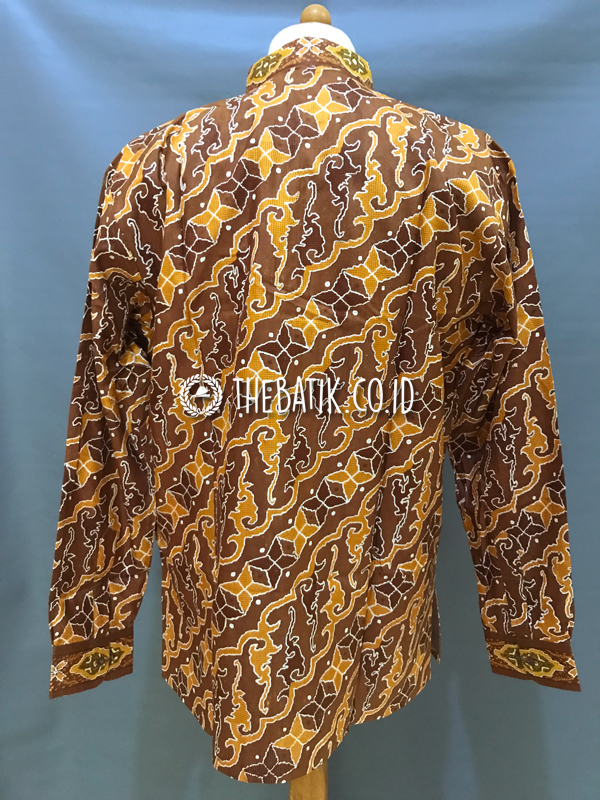 Ready to Wear Hand Painted Silk Batik Long Sleeve Men Parang Songket Yellow Maroon (size XXL)