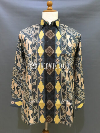 Baju Kemeja Batik Tulis Sutra ATBM Baron Lengan Panjang Motif Parang Songket Peach Biru