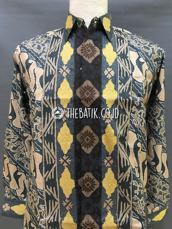 Baju Kemeja Batik Tulis Sutra ATBM Baron Lengan Panjang Motif Parang Songket Peach Biru