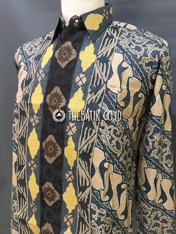 Baju Kemeja Batik Tulis Sutra ATBM Baron Lengan Panjang Motif Parang Songket Peach Biru
