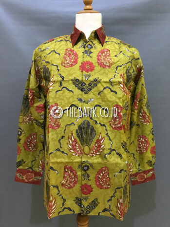 Ready to Wear Hand Painted Silk Batik Long Sleeve Men Olive Green Semen (size XL)