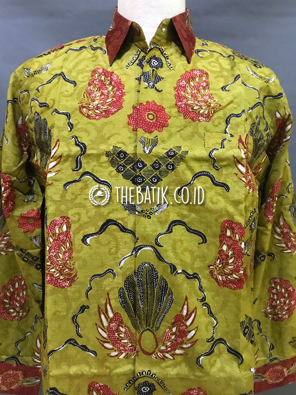 Ready to Wear Hand Painted Silk Batik Long Sleeve Men Olive Green Semen (size XL)