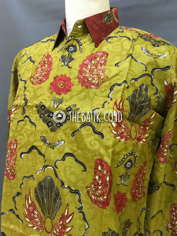 Ready to Wear Hand Painted Silk Batik Long Sleeve Men Olive Green Semen (size XL)
