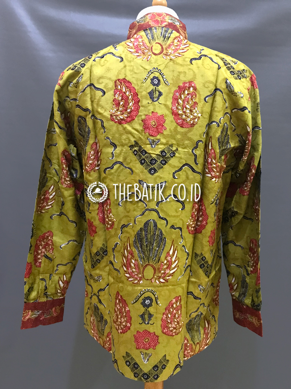 Ready to Wear Hand Painted Silk Batik Long Sleeve Men Olive Green Semen (size XL)