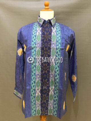 Ready to Wear Hand Painted Silk Batik Long Sleeve Men Modern Tumpal Songket Blue (size XXL)