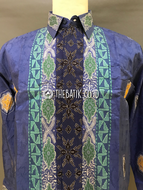 Ready to Wear Hand Painted Silk Batik Long Sleeve Men Modern Tumpal Songket Blue (size XXL)