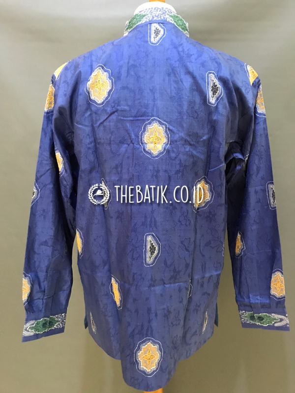 Ready to Wear Hand Painted Silk Batik Long Sleeve Men Modern Tumpal Songket Blue (size XXL)