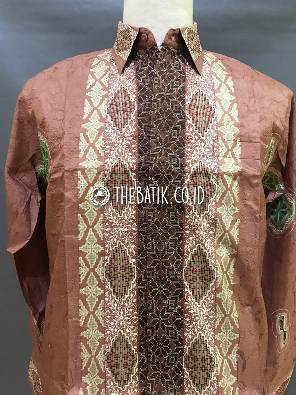 Baju Kemeja Batik Tulis Sutra ATBM Baron Lengan Panjang Motif Songket Modern Coklat Susu