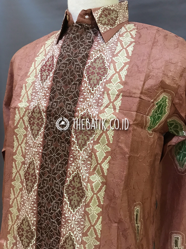 Baju Kemeja Batik Tulis Sutra ATBM Baron Lengan Panjang Motif Songket Modern Coklat Susu