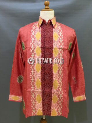 Baju Kemeja Batik Tulis Sutra ATBM Baron Lengan Panjang Motif Songket Modern Warna Peach Salem