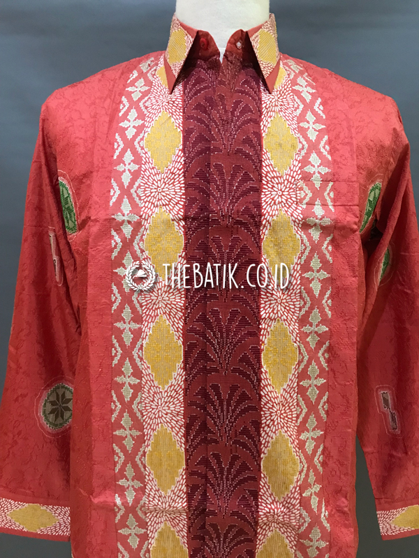Baju Kemeja Batik Tulis Sutra ATBM Baron Lengan Panjang Motif Songket Modern Warna Peach Salem