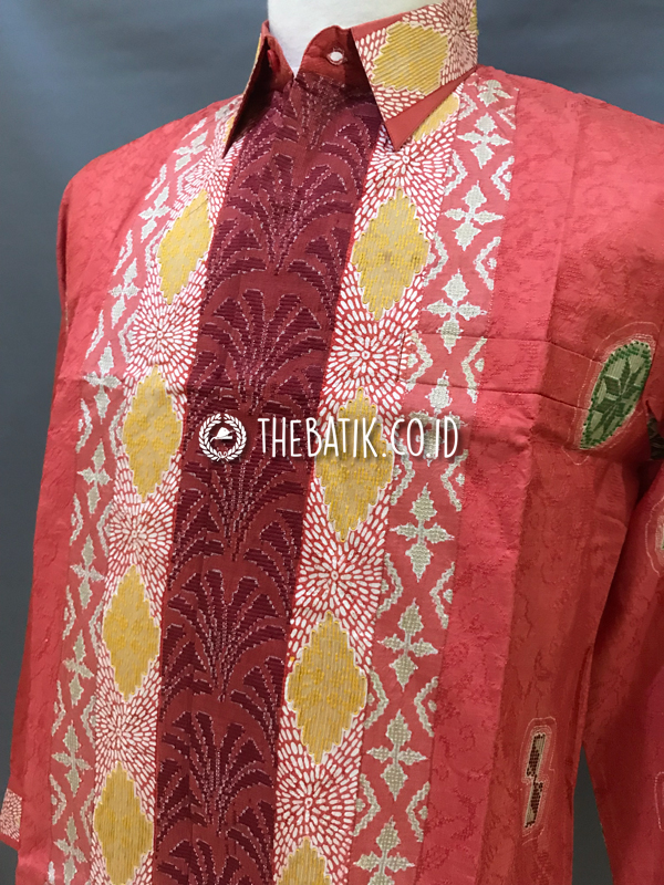 Baju Kemeja Batik Tulis Sutra ATBM Baron Lengan Panjang Motif Songket Modern Warna Peach Salem