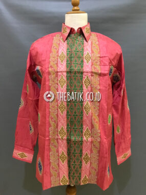 Ready to Wear Hand Painted Silk Batik Long Sleeve Men Modern Songket Coral Pink (size XL)