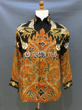 Ready to Wear Hand Drawn Silk Batik Long Sleeve Men Black Orange (size S)