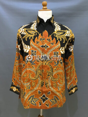 Ready to Wear Hand Drawn Silk Batik Long Sleeve Men Black Orange (size S)
