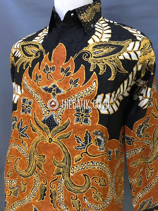 Ready to Wear Hand Drawn Silk Batik Long Sleeve Men Black Orange (size S)
