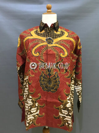 Ready to Wear Hand Painted Silk Batik Long Sleeve Men Srikuncoro Dark Red (size XL)