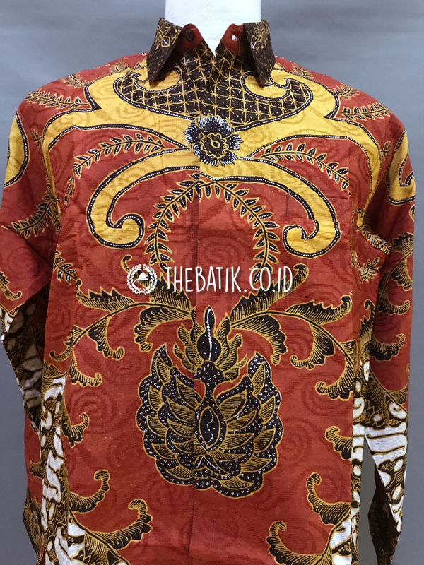 Ready to Wear Hand Painted Silk Batik Long Sleeve Men Srikuncoro Dark Red (size XL)