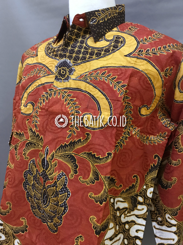 Ready to Wear Hand Painted Silk Batik Long Sleeve Men Srikuncoro Dark Red (size XL)