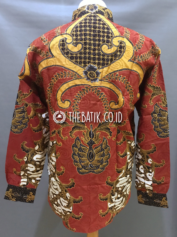 Ready to Wear Hand Painted Silk Batik Long Sleeve Men Srikuncoro Dark Red (size XL)