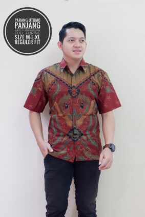Model Baju Seragam Batik Hem Pendek (Bisa Dibuat Blouse) Motif Burung Klasik Merah Tua