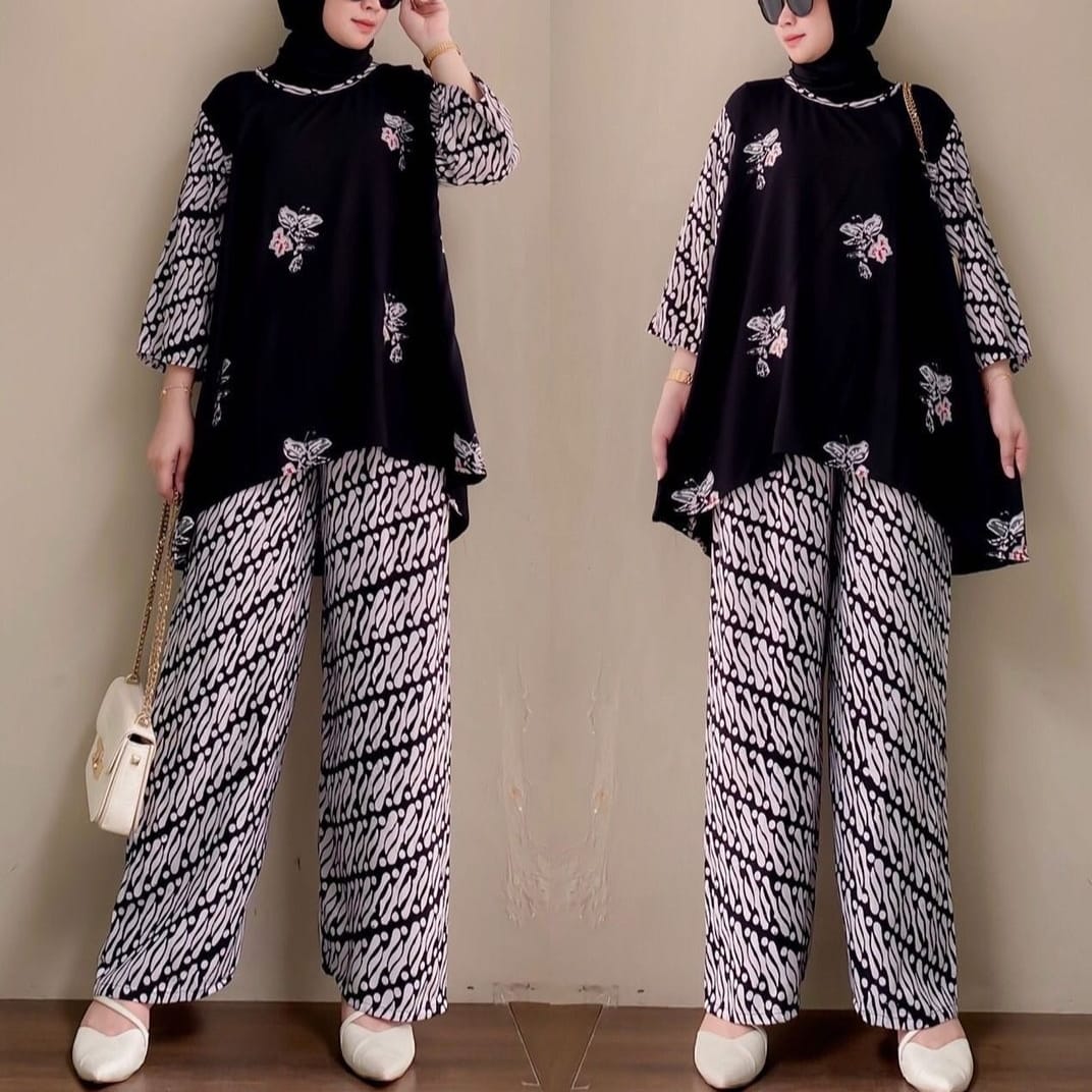 Baju Setelan Celana Rayon Terbaru / Pinguin One Set / One Set Kekinian Hitam Klasik