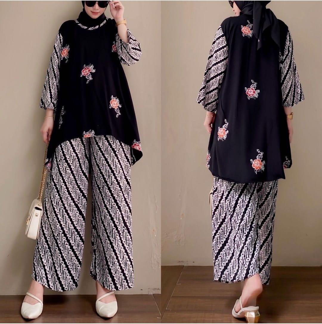 Baju Setelan Celana Rayon Terbaru / Pinguin One Set / One Set Kekinian Hitam Klasik