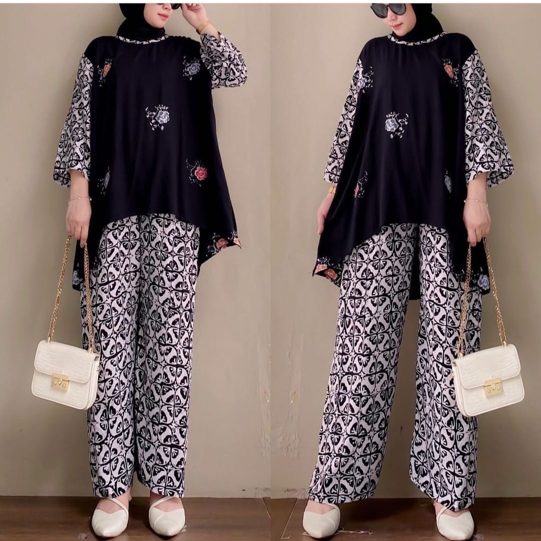 Baju Setelan Celana Rayon Terbaru / Pinguin One Set / One Set Kekinian Hitam Klasik