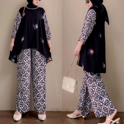Baju Setelan Celana Rayon Terbaru / Pinguin One Set / One Set Kekinian Hitam Klasik