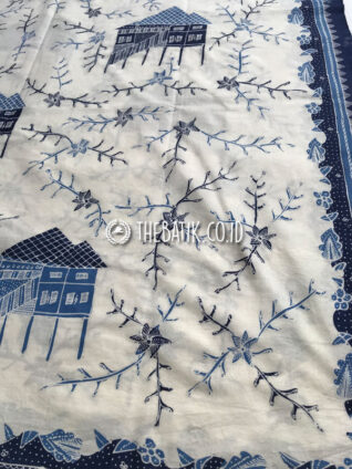 Kain Bahan Baju Batik Tulis Kumpeni Motif Gambar Rumah Adat Panggung Biru Latar Putih