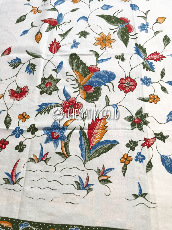 Kain Bahan Bawahan Sarung Batik Tulis Pesisir Motif Buket Tumpal Merah Biru Latar Putih