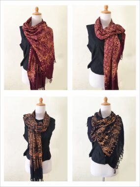 Wax Batik Scarf Indonesian Javanese Style With Floral and Geometric Design – Copper Batik Scarves
