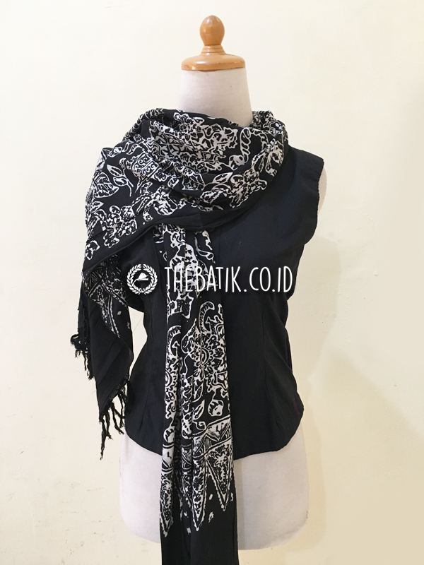 Vintage Batik Scarf Indonesian Javanese Style With Floral and Geometric Design – Black Batik Scarves