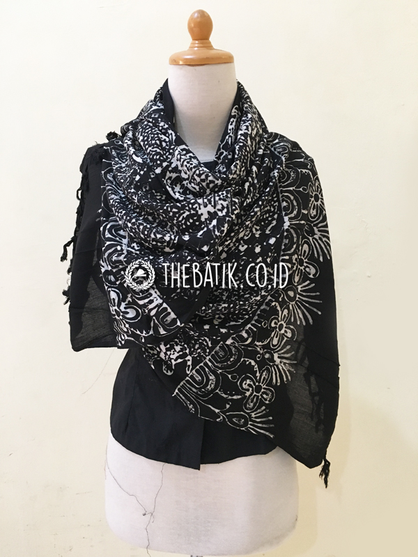 Vintage Batik Scarf Indonesian Javanese Style With Floral and Geometric Design – Black Batik Scarves