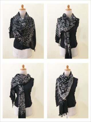 Vintage Batik Scarf Indonesian Javanese Style With Floral and Geometric Design – Black Batik Scarves