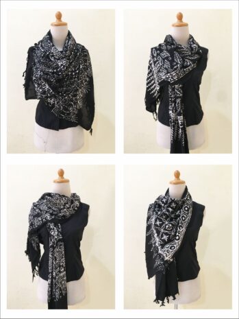 Vintage Batik Scarf Indonesian Javanese Style With Floral and Geometric Design – Black Batik Scarves