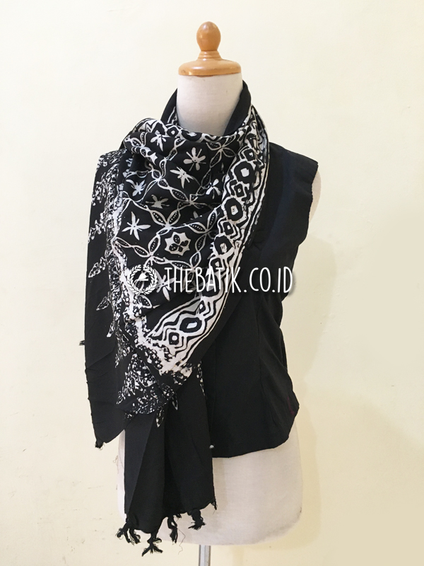 Vintage Batik Scarf Indonesian Javanese Style With Floral and Geometric Design – Black Batik Scarves