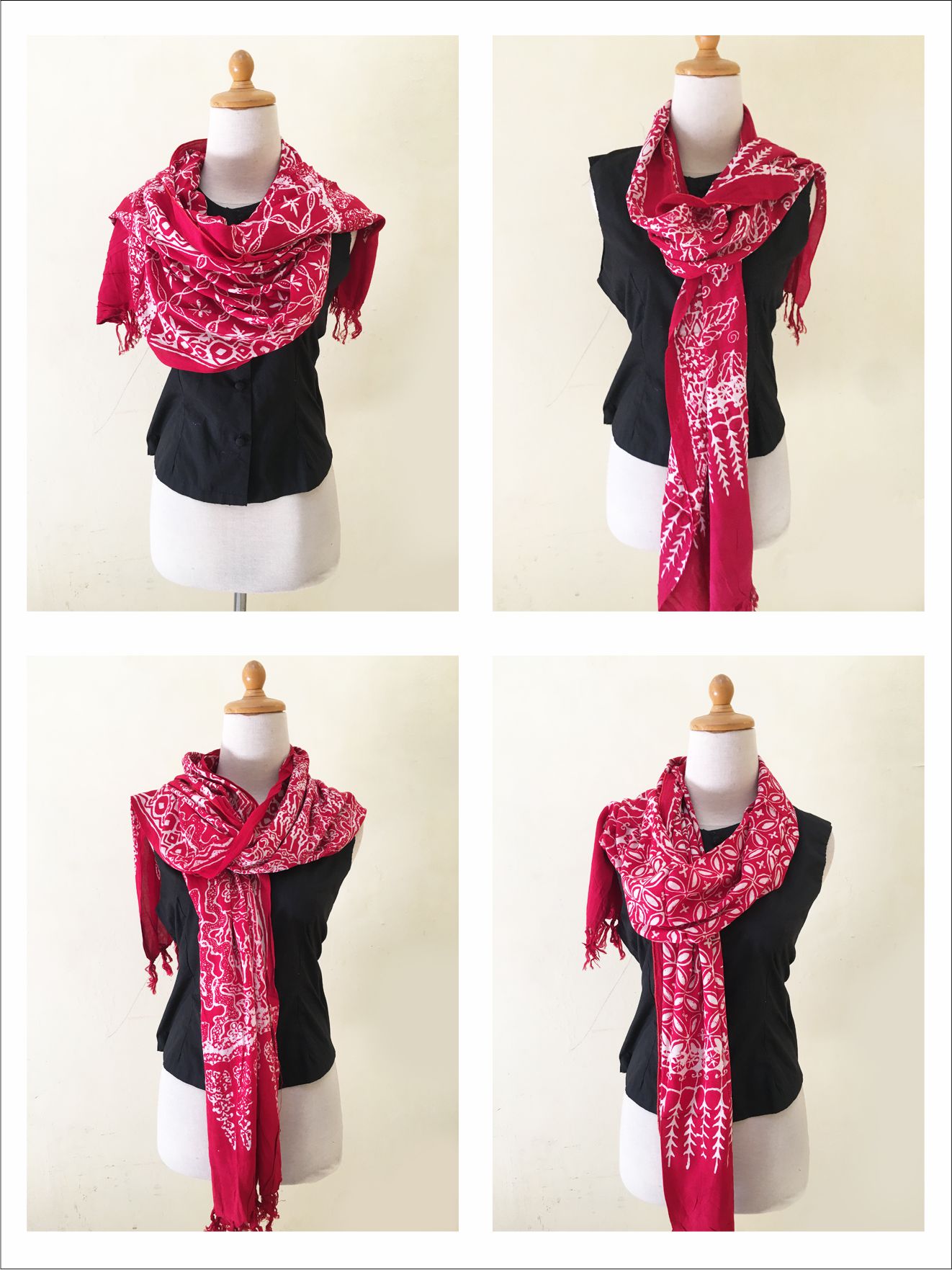 Tribal Batik Scarf Indonesian Javanese Style With Floral and Geometric Design – Red Batik Scarves
